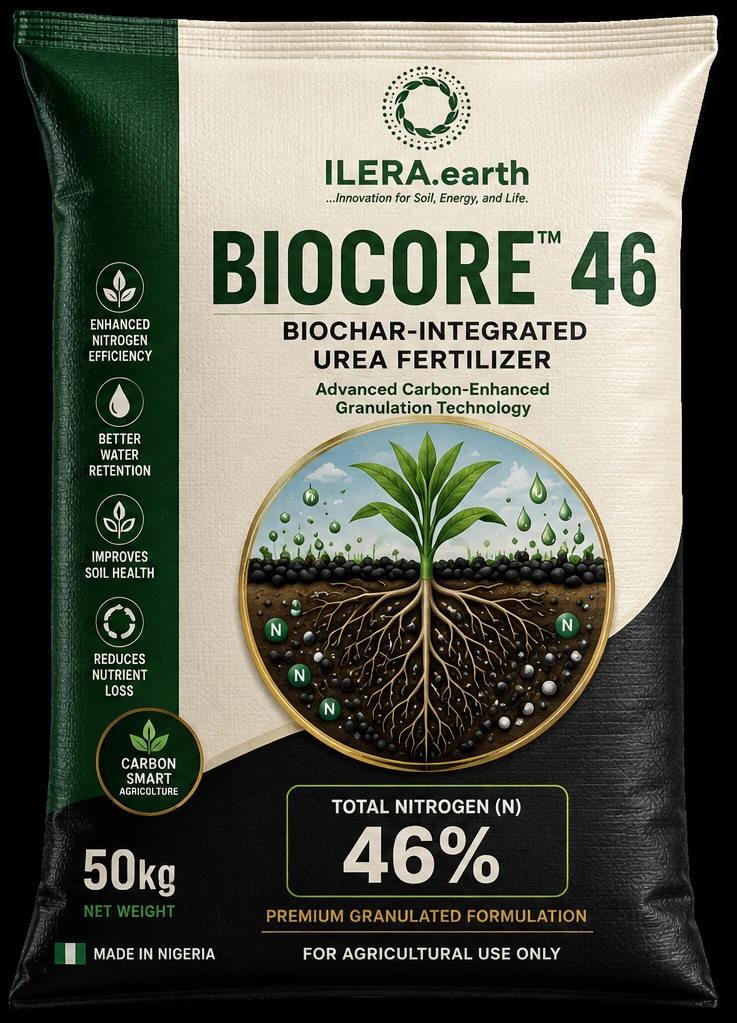 BIOCORE 46 biochar-integrated urea fertilizer, 50kg bag, made in Nigeria